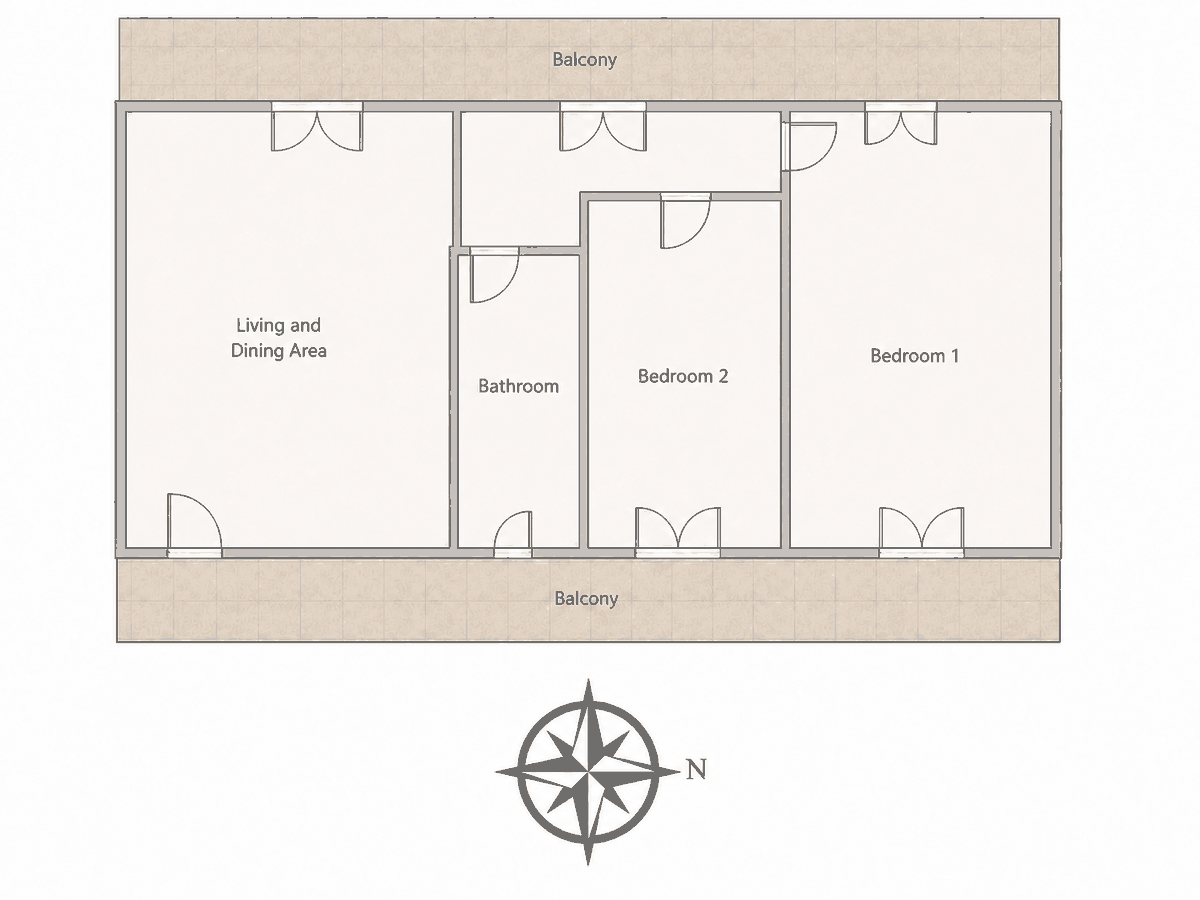 Floor plan of The Olive Tree House, with north indicated to the right