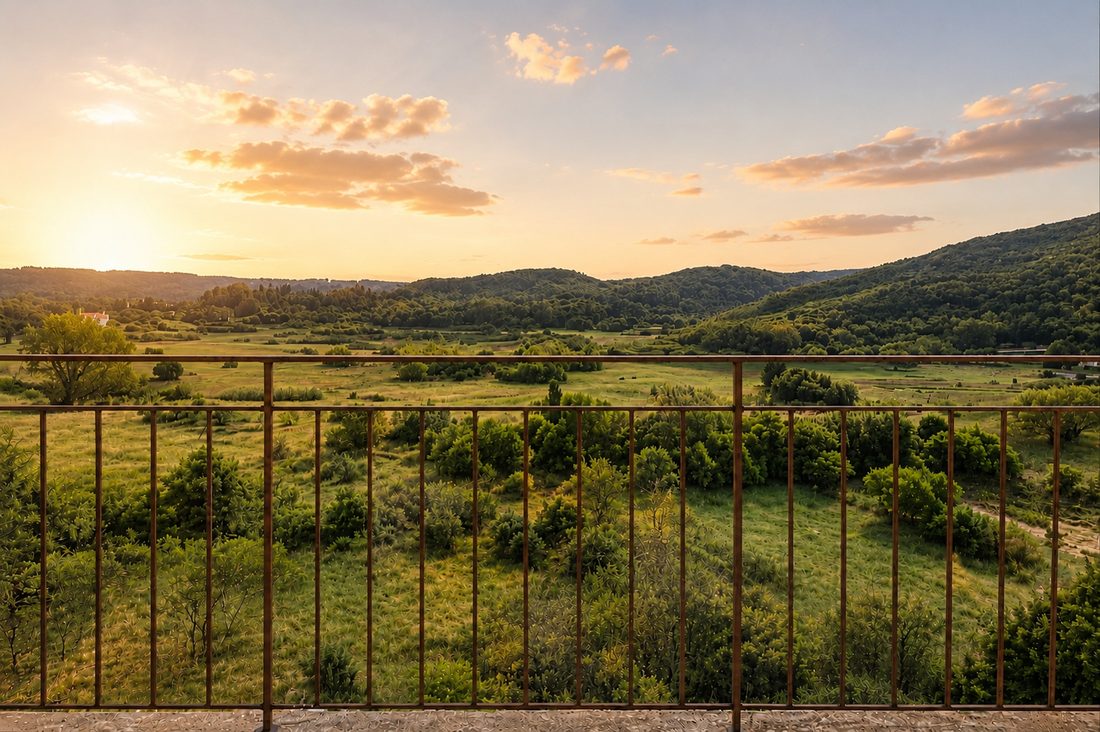 East balcony with meadow view at The Olive Tree House