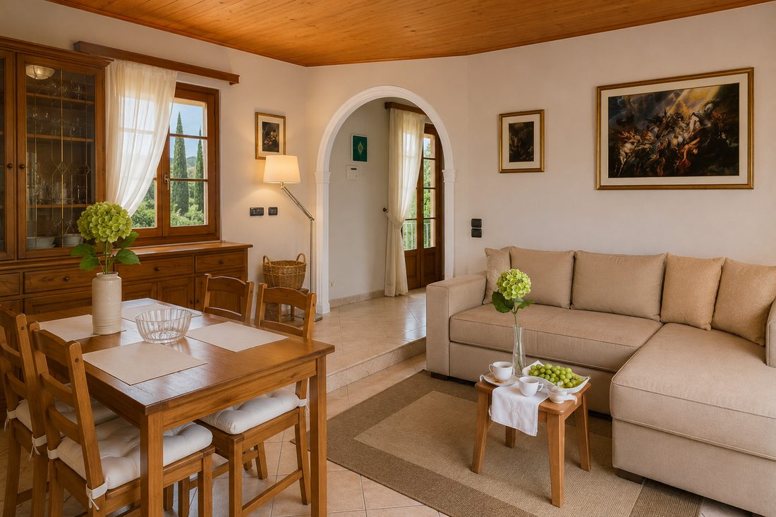 Living, dining and kitchen area at The Olive Tree House