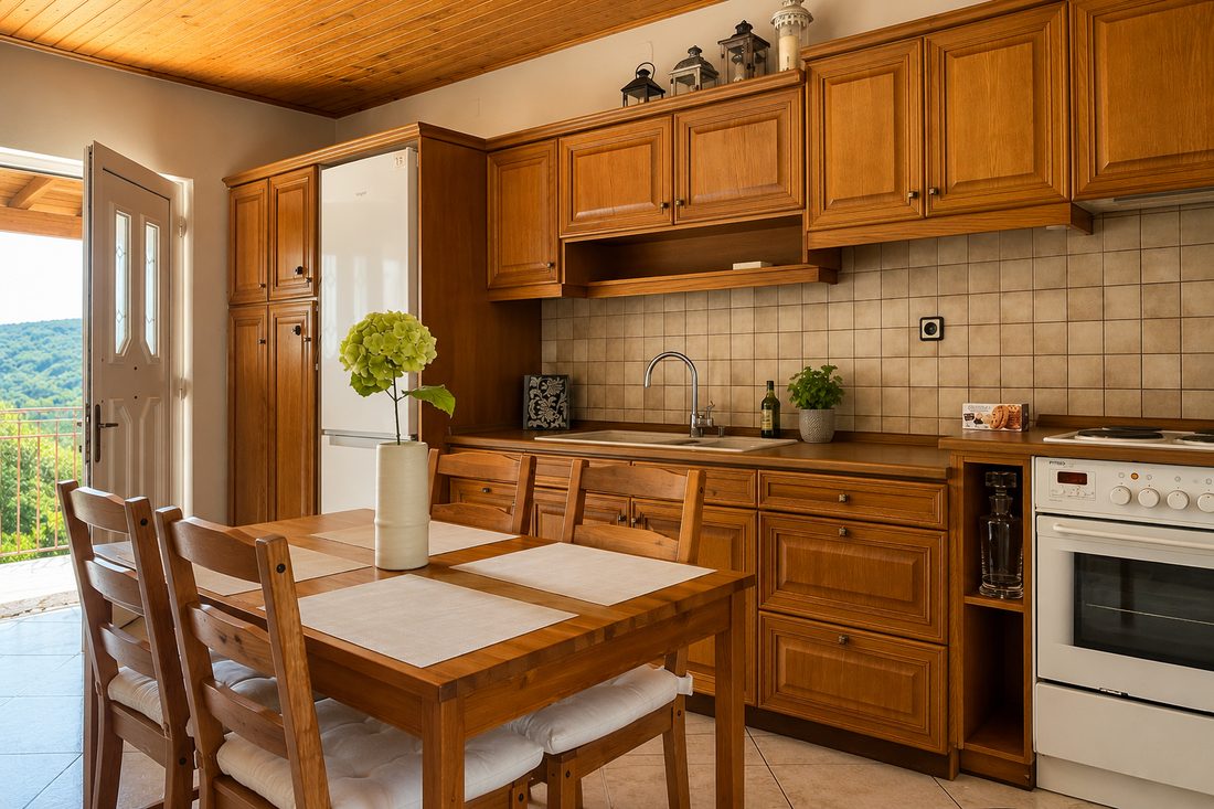 Living, dining and kitchen area at The Olive Tree House