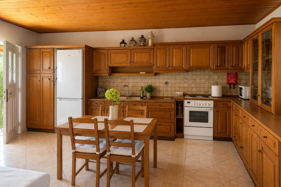 Living, dining and kitchen area at The Olive Tree House