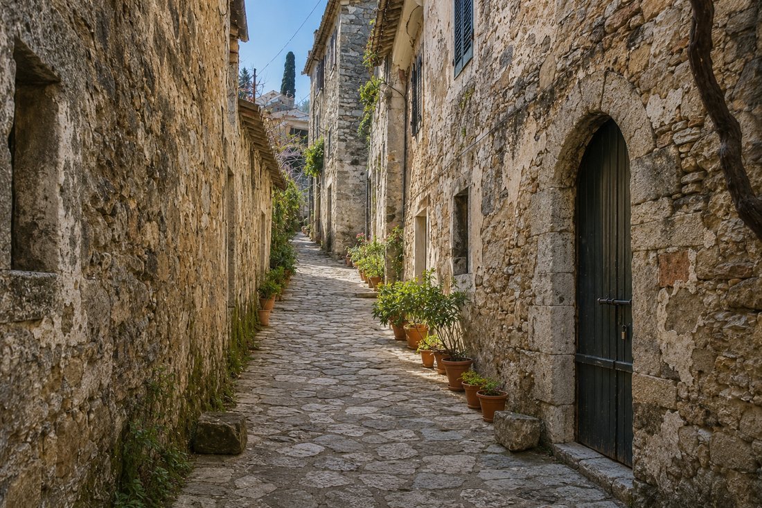 A path through olive trees near Liapades