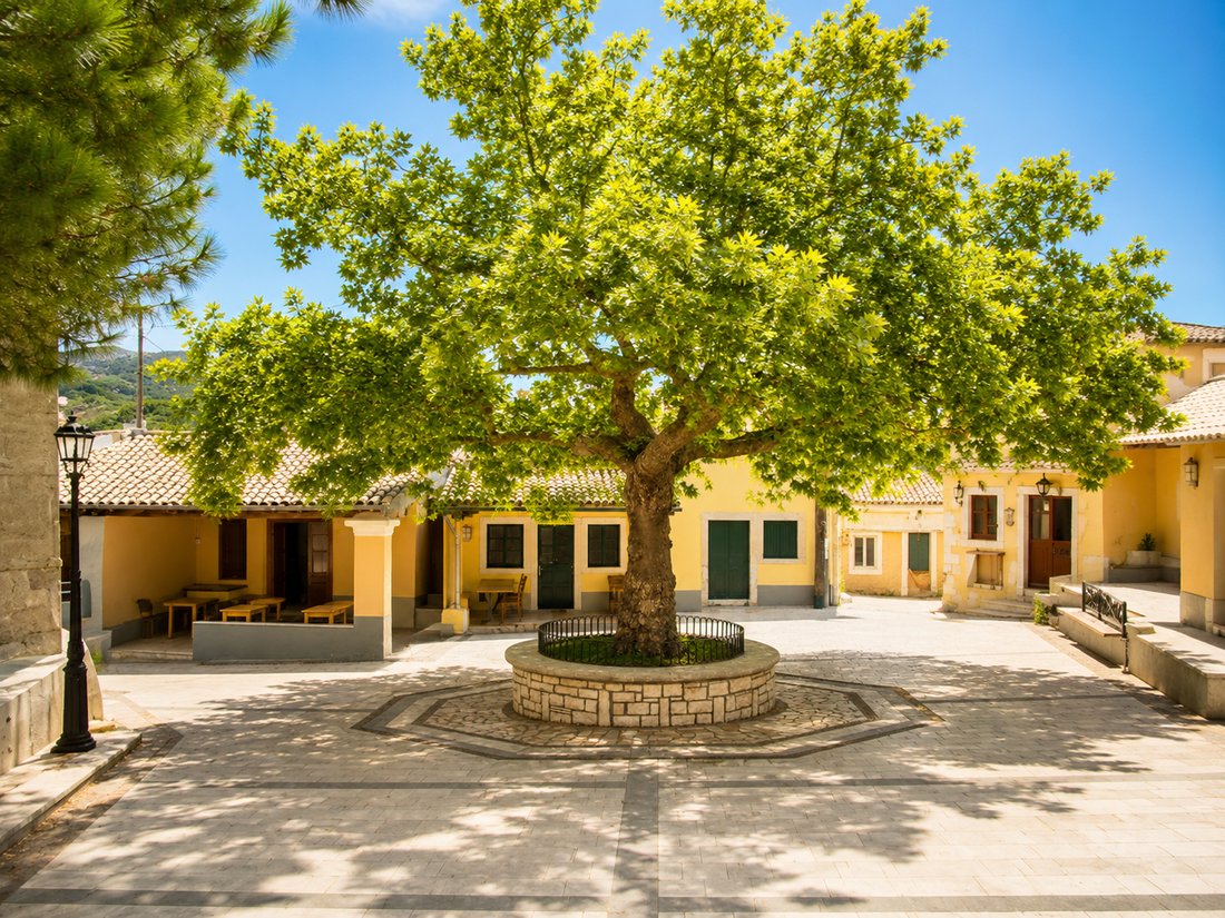 The village square beneath the plane tree in Liapades